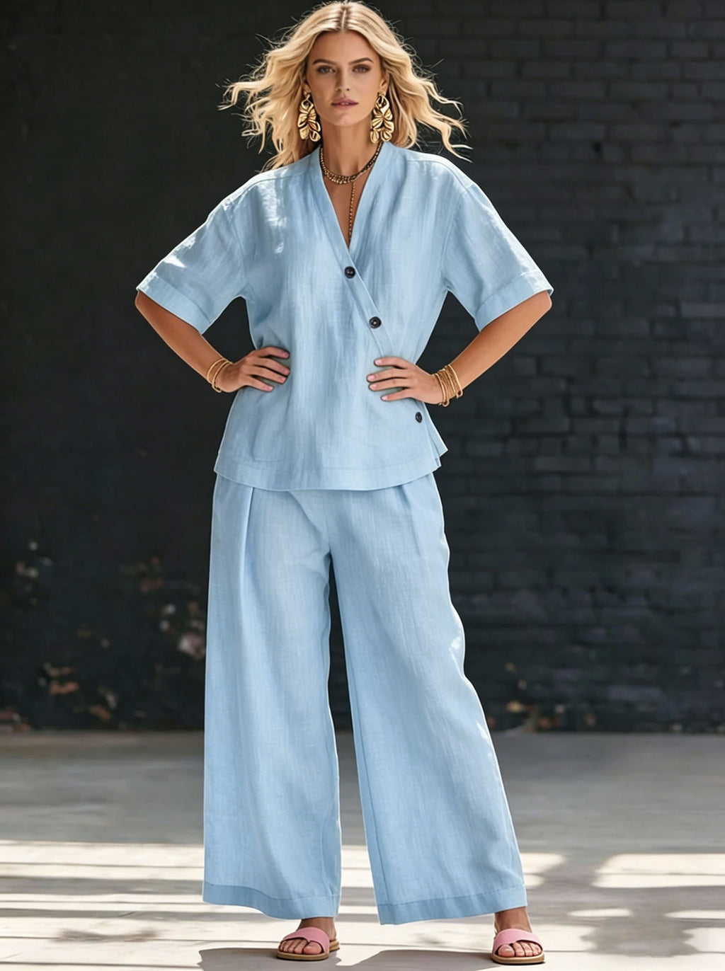 Womens V-neck Short-sleeve T-shirt And High-waisted Trousers Set by Ricaloux