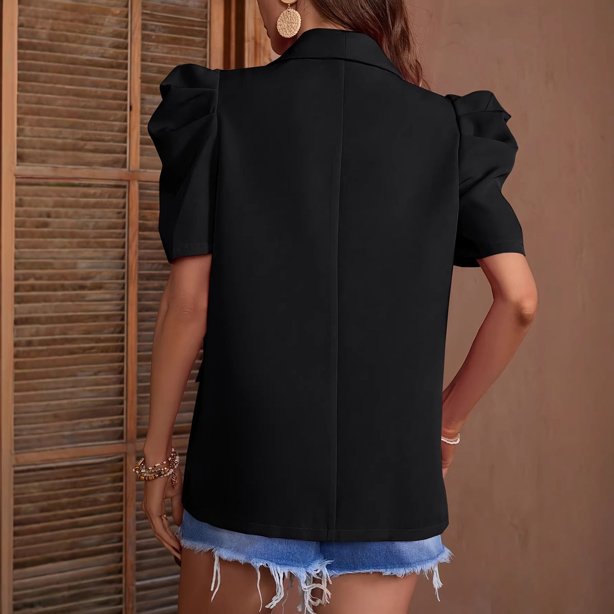 Solid-color Lantern-sleeve Jacket With A Single Button And Faux Pocket Suit by Ricaloux