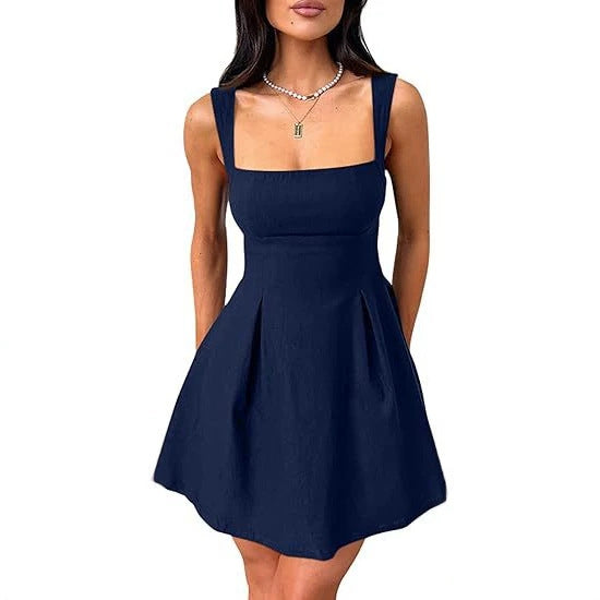 Womens Sleeveless Square-Neck Mini Dress With Adjustable Straps And Bow Tie by Ricaloux
