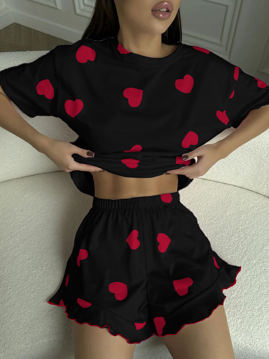 Heart-print Short-sleeve Pajama Set With Shorts by Ricaloux