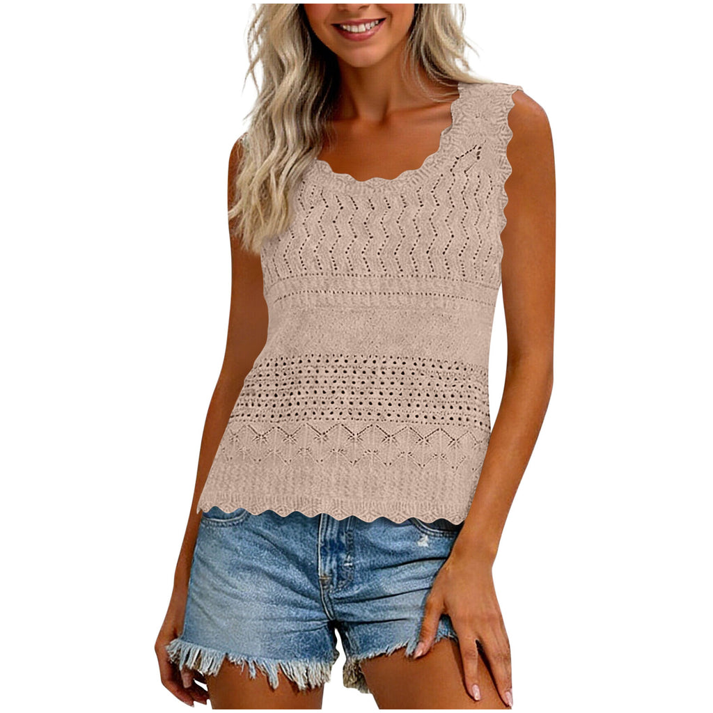 Women's Spring And Summer Cutout Knit Vest With Waves Ruffles Round Neck Breathable Outerwear And Innerwear Solid Color Sweater Innerwear – Premium 4 | RICALOUX