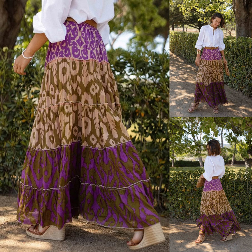 Printed Ruffled Flared Maxi Skirt by Ricaloux