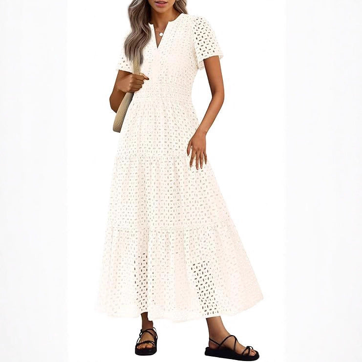 Womens Short-Sleeve V-Neck Hollow-Out Dress by Ricaloux