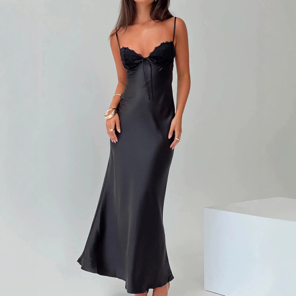 V-neck Waist-cinched Backless Lace And Satin Patchwork Slip Dress by Ricaloux