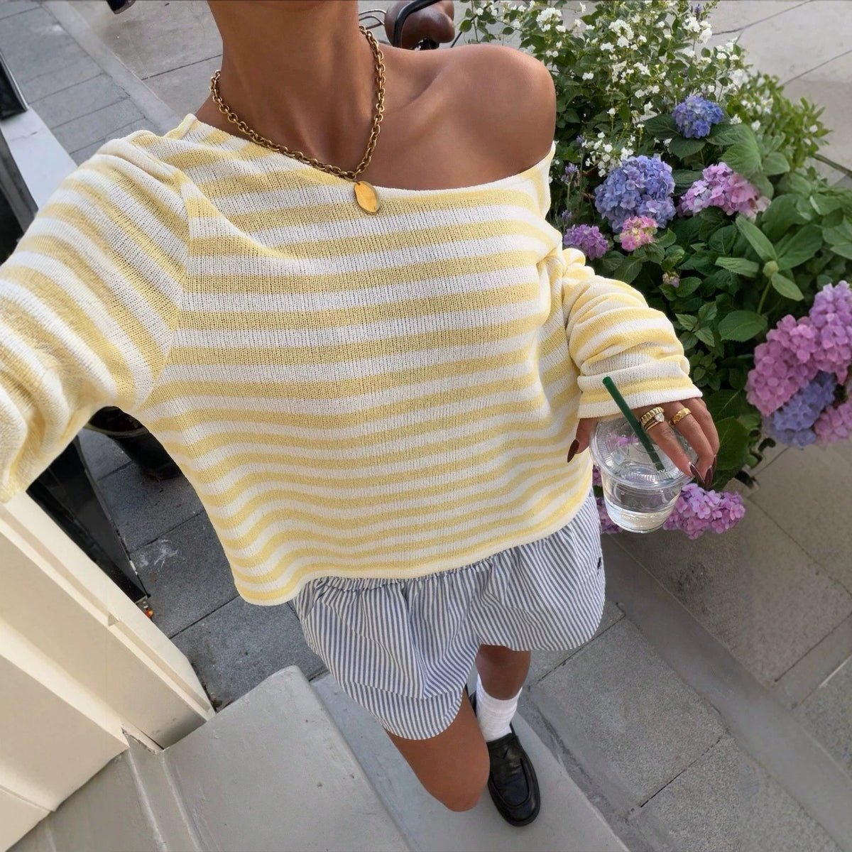 Casual Short-length Striped Knit Top With Long Sleeve by Ricaloux