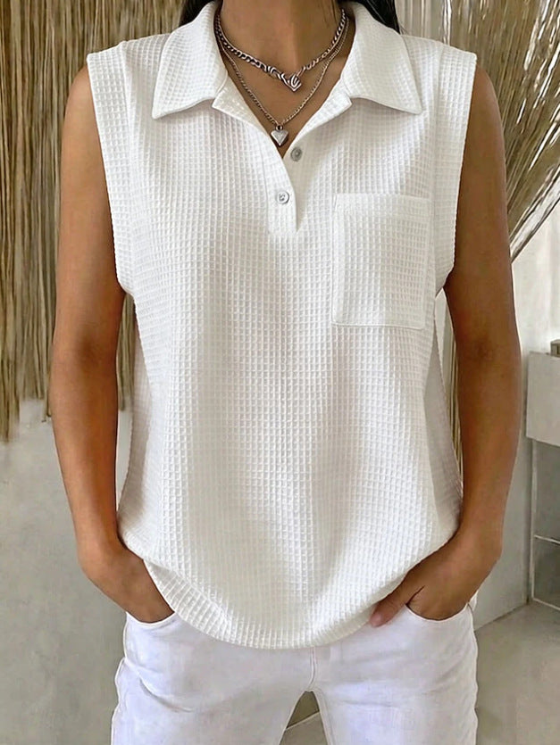 Womens Solid-color Knitted Polo-neck Sleeveless Shirt Vest – Premium 0 | RICALOUX
