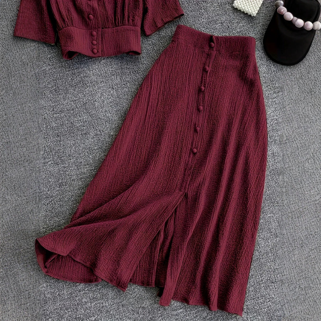 V-neck Single-breasted Short-sleeve Top And High-waisted Wide-leg Pants With Side Slits – Premium 0 | RICALOUX