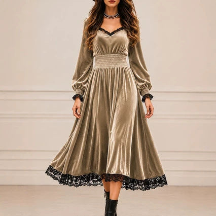 Casual Autumn Lace-Patchwork Velvet Evening Dress by Ricaloux