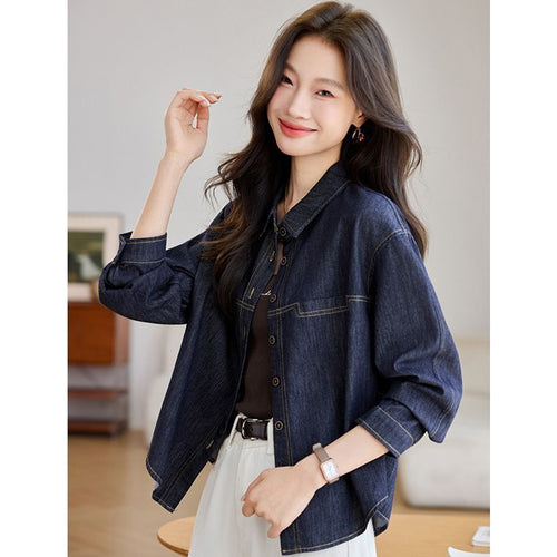 Dark Blue Long-sleeve Denim Shirt Womens Loose Fit – Premium 0 | RICALOUX