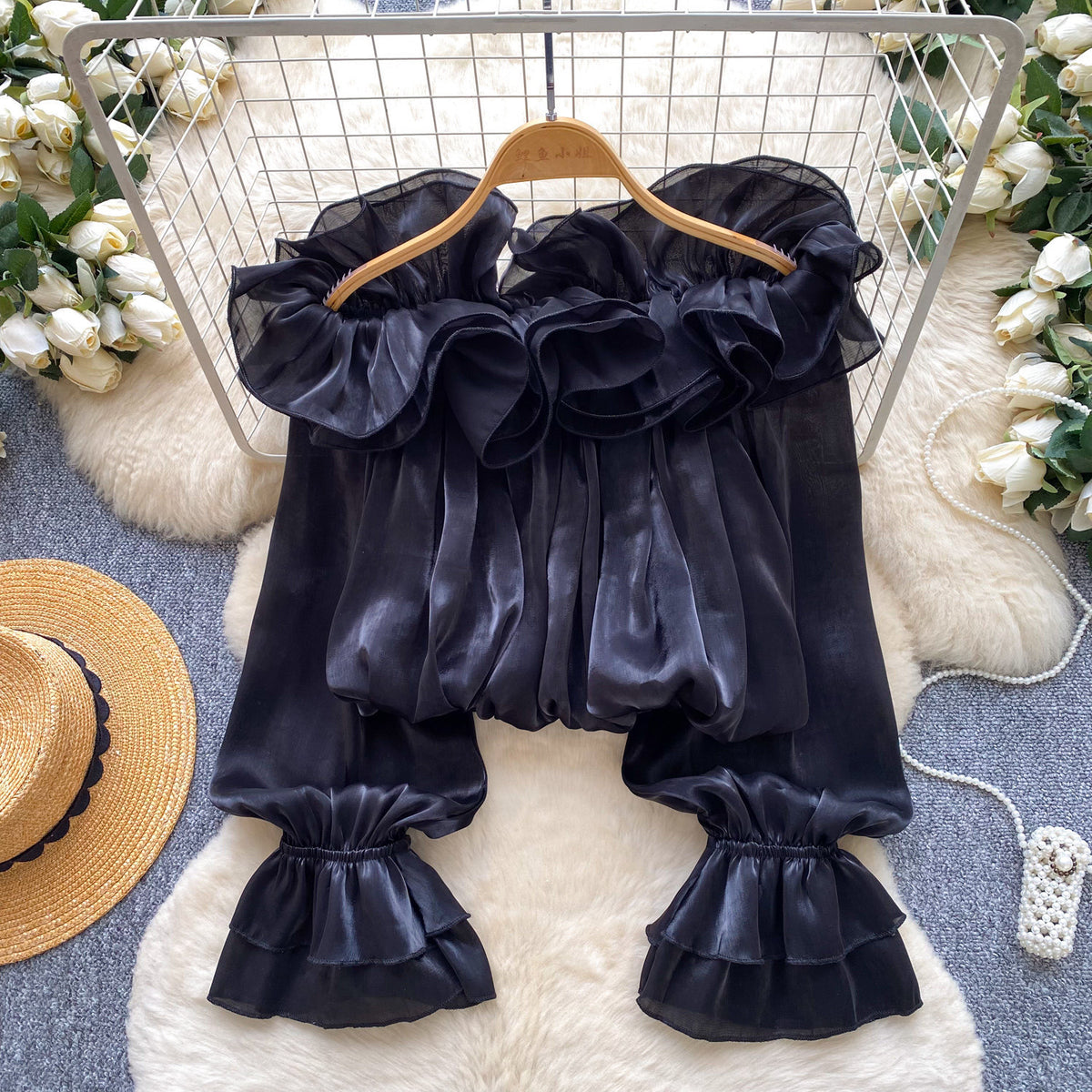 Off-the-shoulder Chiffon Blouse With Ruffled Trim Elegant Style by Ricaloux