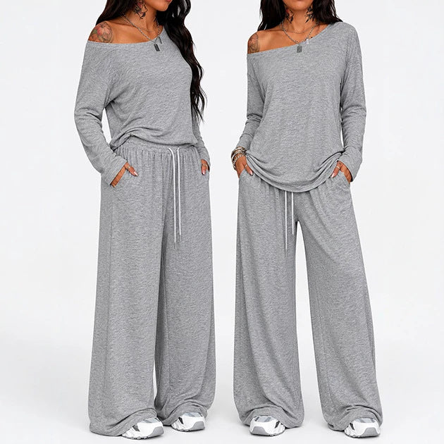 Womens Casual Loose-Fit Off-Shoulder Wide-Leg Pants Set by Ricaloux