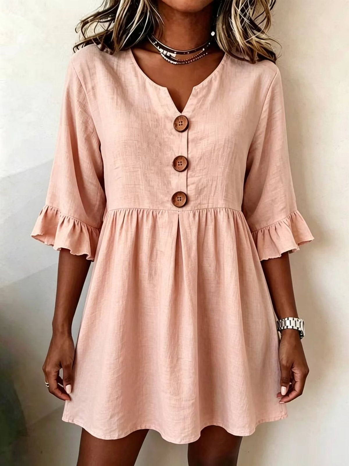 Womens V-neck Cotton-linen Side-detailed Dress – Premium 0 | RICALOUX