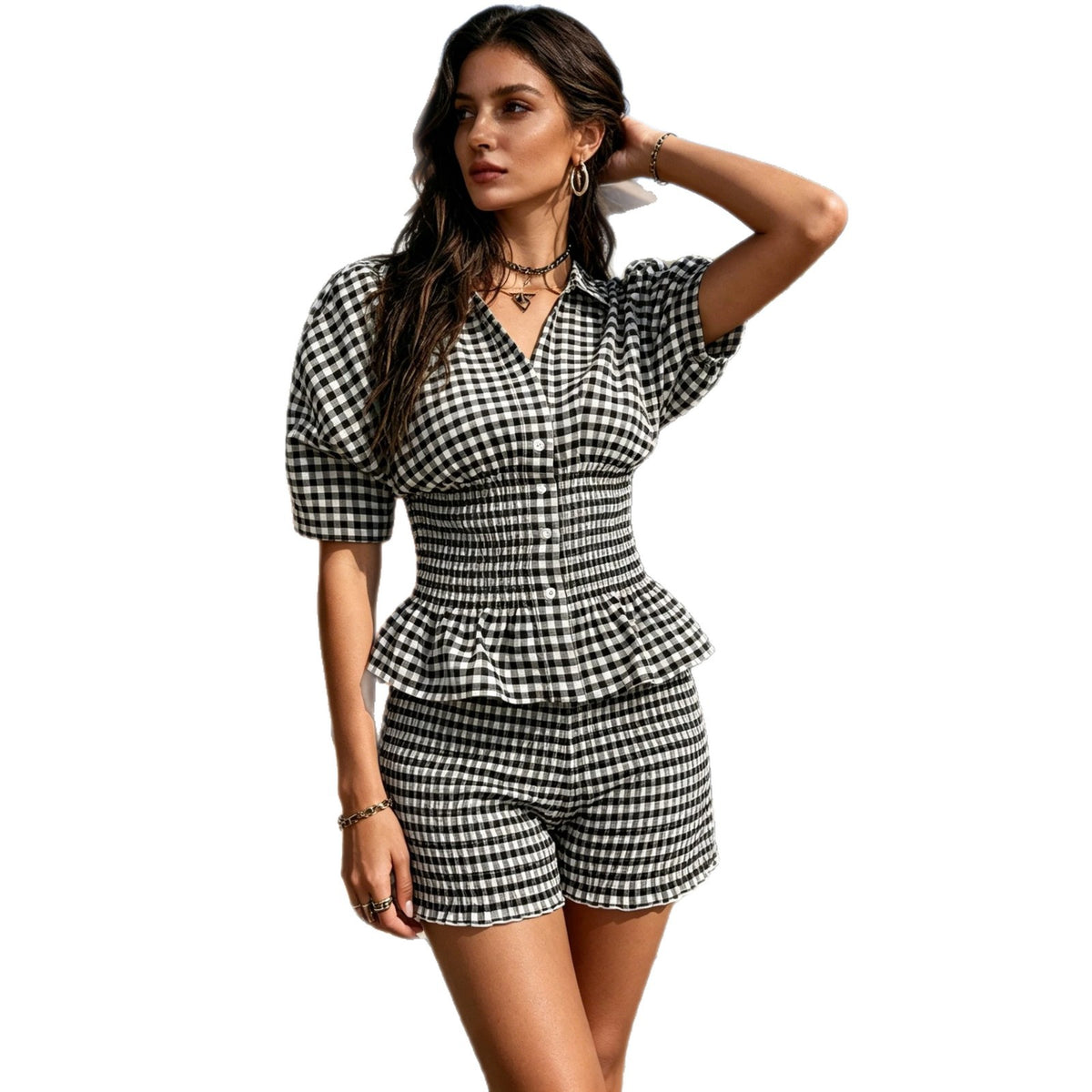 Notch-collar Plaid Puff-sleeve Suit For Women by Ricaloux