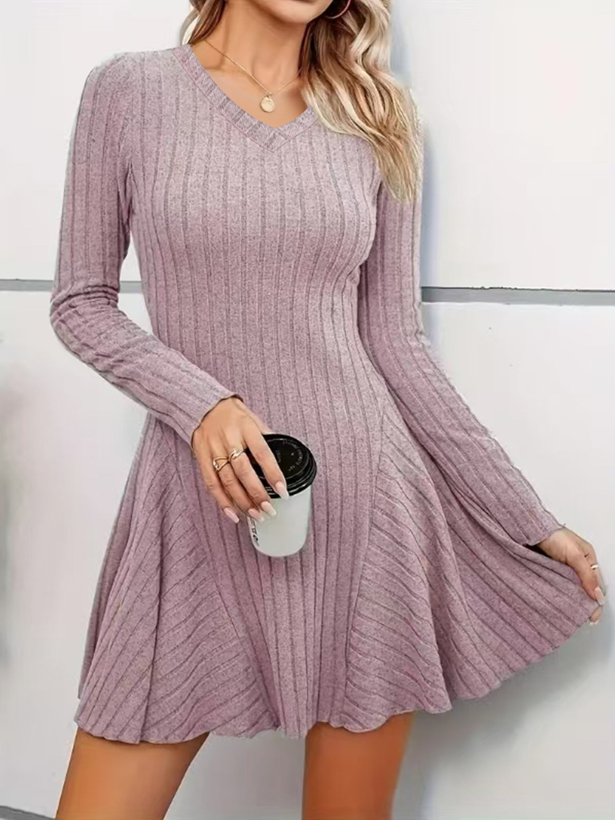 Women's V-Neck Long Sleeve Ribbed Knit Ruffle Hem Mini Dress - Casual Bodycon Flared Swing Dress, Multiple Colors Available by Ricaloux