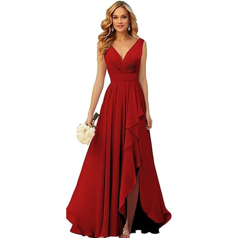 V-neck Pleated Slit Chiffon Dress With Tie Straps – Premium 0 | RICALOUX