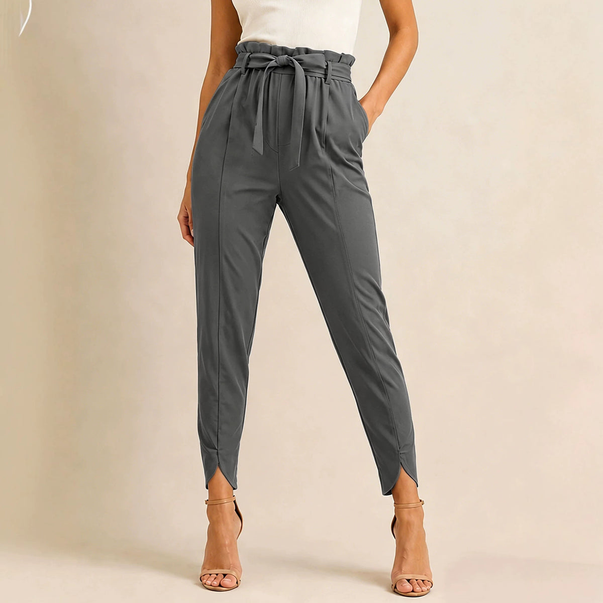 Stylish High-waisted Solid-color Versatile Chic Casual Womens Pants by Ricaloux