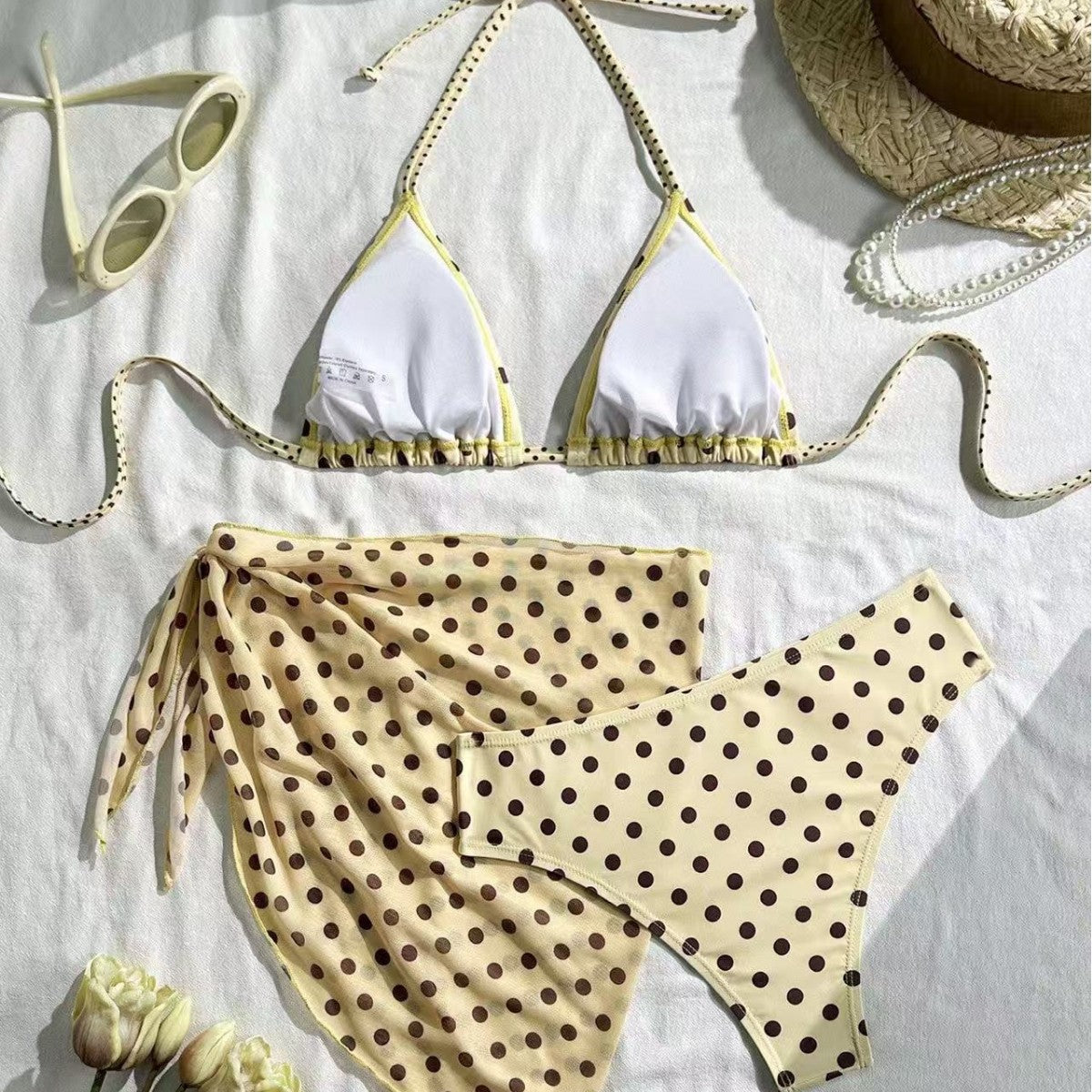 Polka-dot Halter Bikini Three-piece Set, Vintage Style by Ricaloux