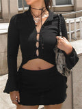 Womens Long-sleeve Off-shoulder, Midriff-baring Top Paired With A Figure-hugging Skirt Set by Ricaloux