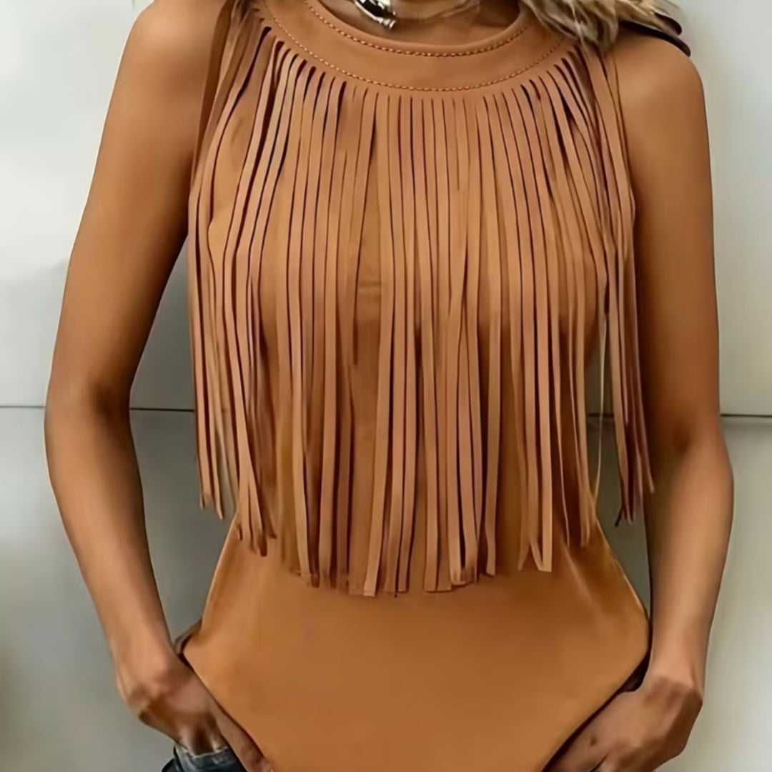 Womens Stylish Casual Tassel Sleeveless Top by Ricaloux