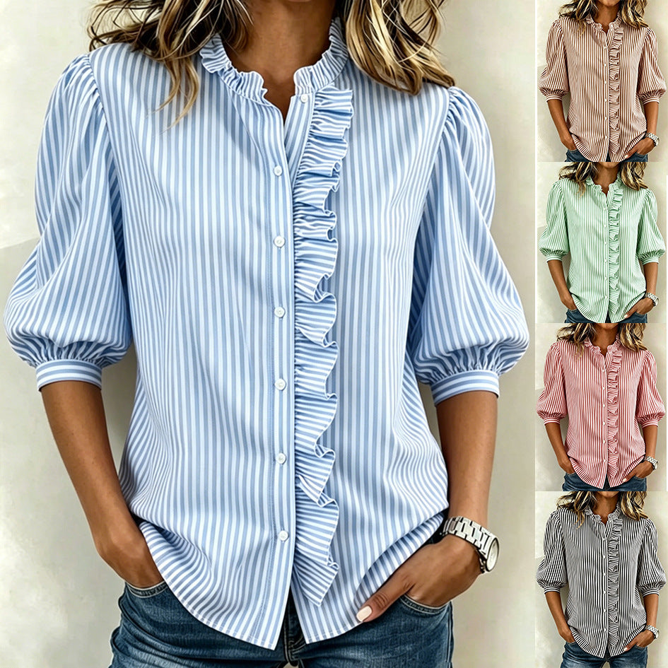 Puff-sleeved Button-up Summer Ruffled-edge Striped Loose-fit Blouse For Women by Ricaloux