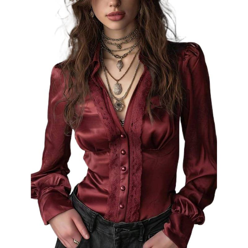 Womens Satin Long-sleeve Shirt With A Turn-down Collar by Ricaloux