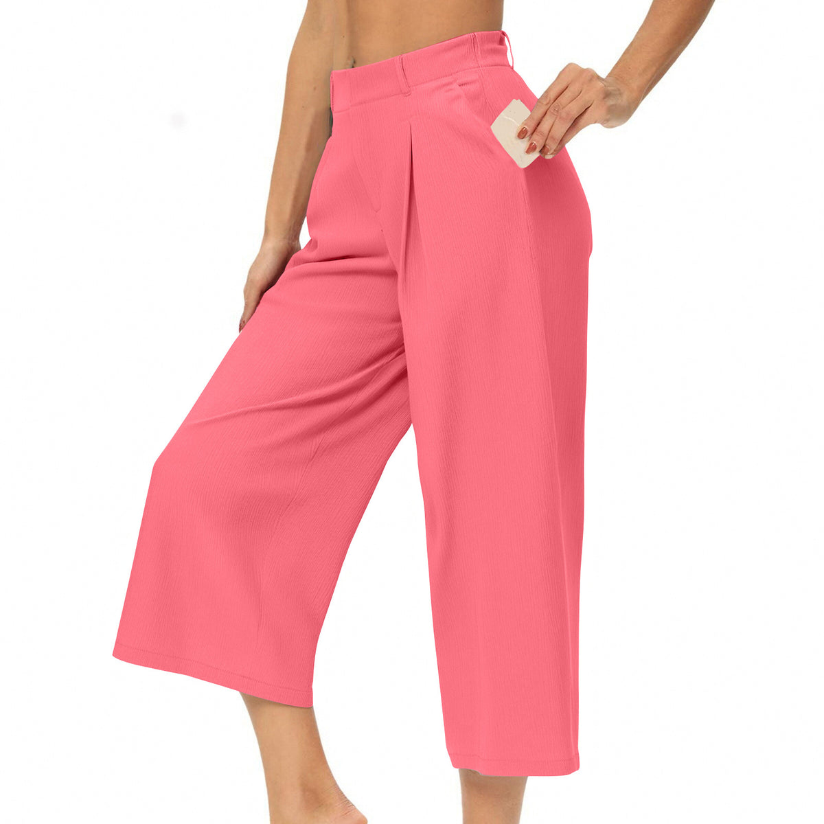 Womens Summer Solid-Color Casual High-Waisted Wide-Leg Cropped Trousers With Side Pockets by Ricaloux