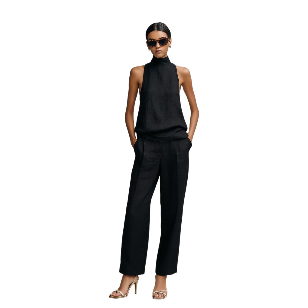 Sleeveless Turtleneck Top And Wide-leg Pants Set by Ricaloux