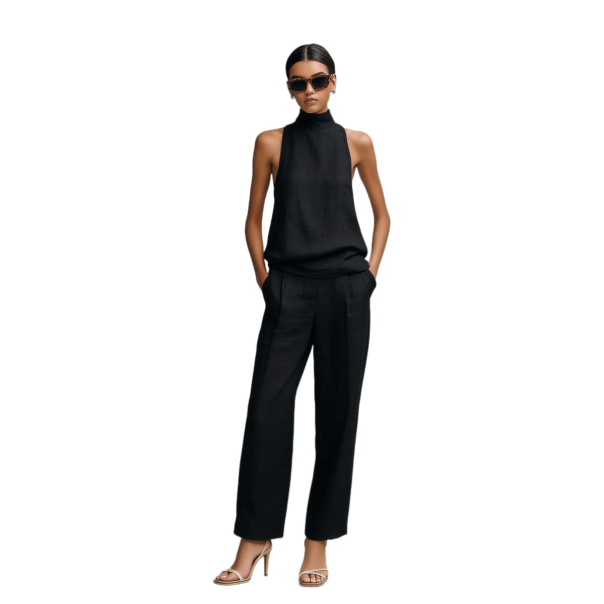 Sleeveless Turtleneck Top And Wide-leg Pants Set by Ricaloux