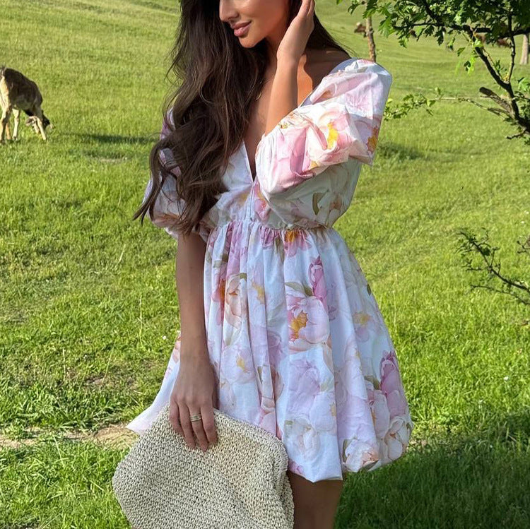 Sexy Open-Back V-Neck Puff-Sleeve Tie-Waist Dress – Premium 4 | RICALOUX