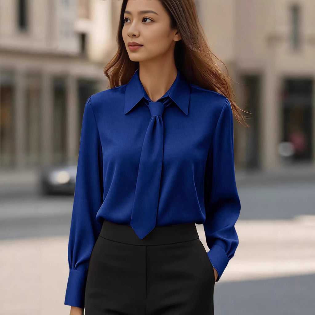 Womens Solid-Color Casual Tie Long-Sleeve French-Collar Shirt by Ricaloux