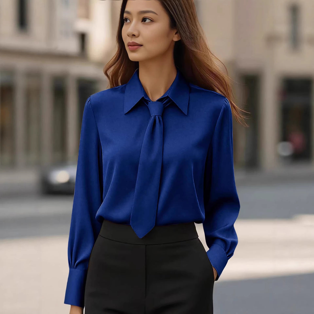 Womens Solid-Color Casual Tie Long-Sleeve French-Collar Shirt by Ricaloux