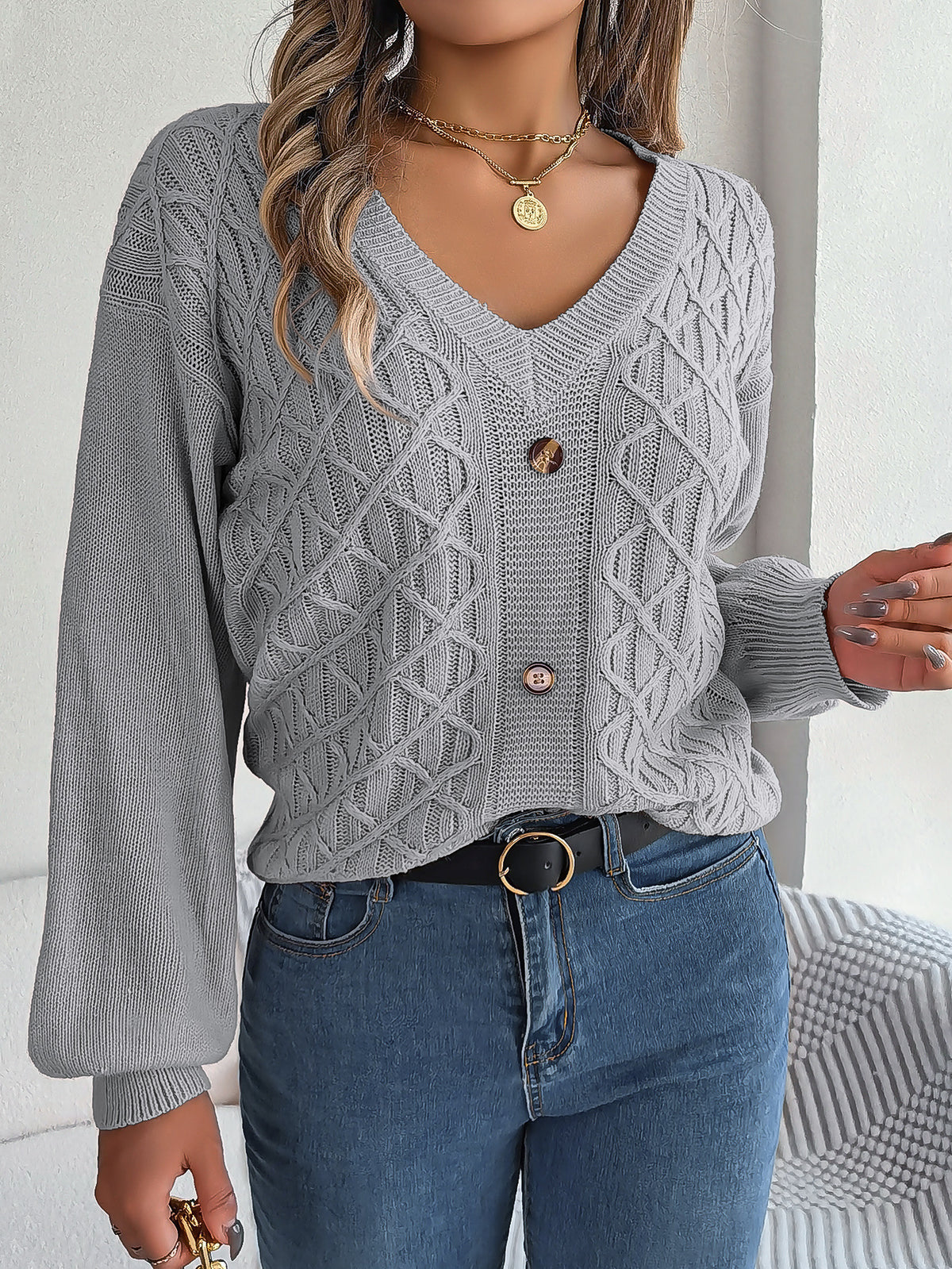 Cable-knit, Flared-sleeve Womens Casual Pullover Sweater by Ricaloux