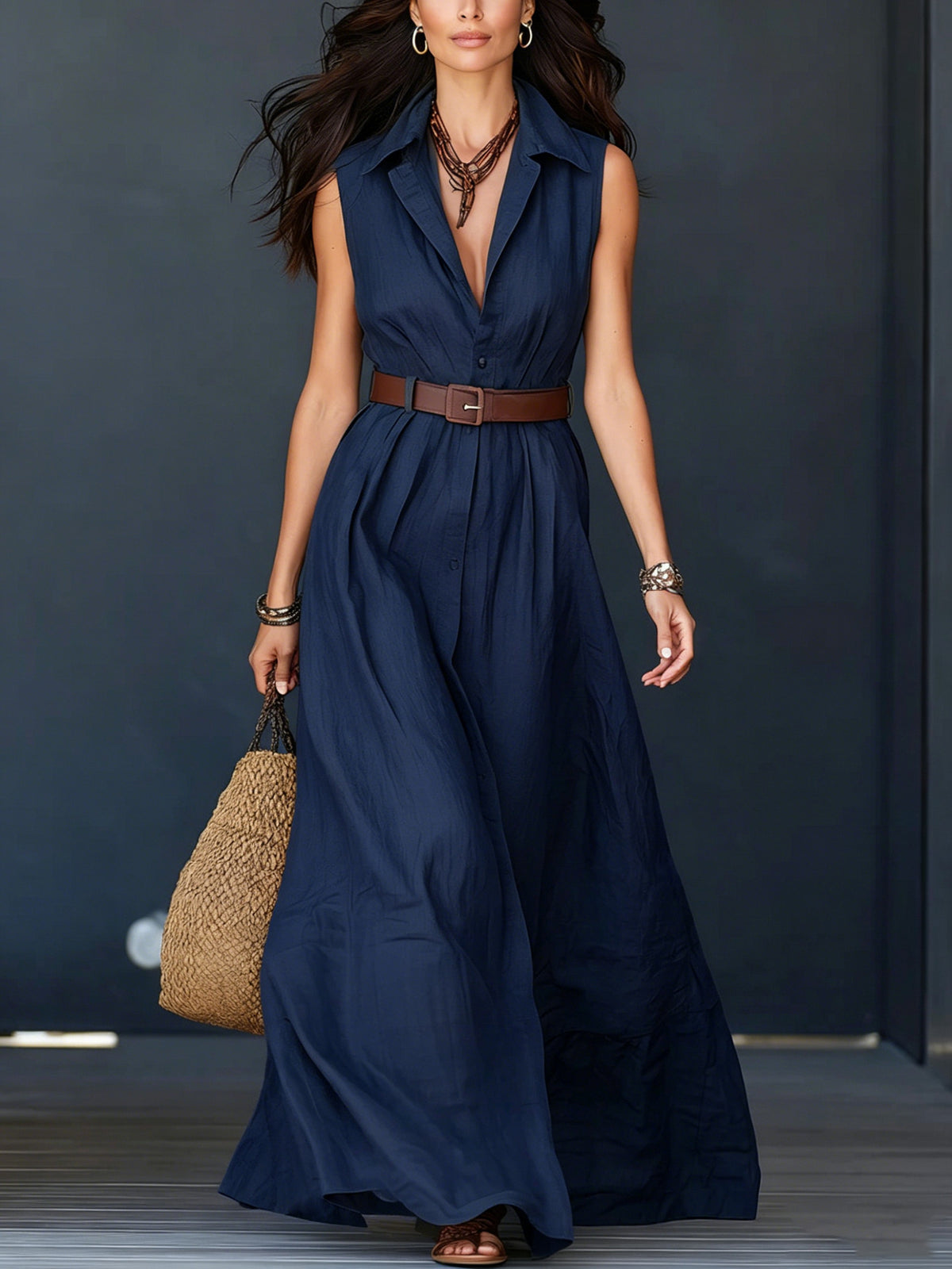 Sleeveless Lapel-neck Waist-cinching Shirt Dress – Premium 0 | RICALOUX