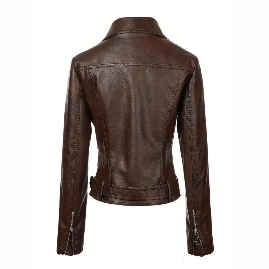 Womens Short Lapel-collar Leather Jacket In A Biker Style by Ricaloux