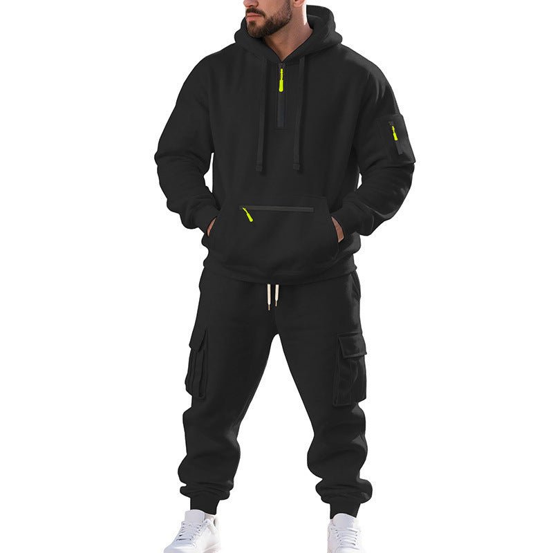 Men's Loose Sports And Leisure Suit Sweater Fleece-lined Hoodie Set Zipper Multi-Pocket Pullover Men's Sports Casual Top Two-piece Set - RICALOUX
