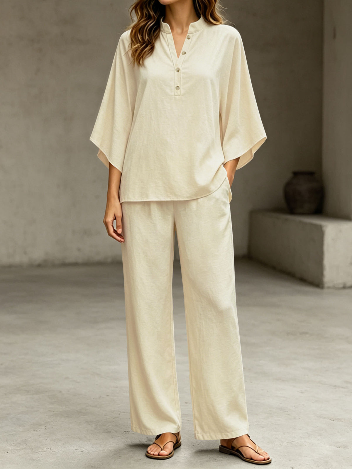 Women's Two Piece Outfit Stand Collar Half Button Batwing Sleeve Top & Wide Leg Pants Set Casual Blend Loose Tracksuit For Summer by Ricaloux