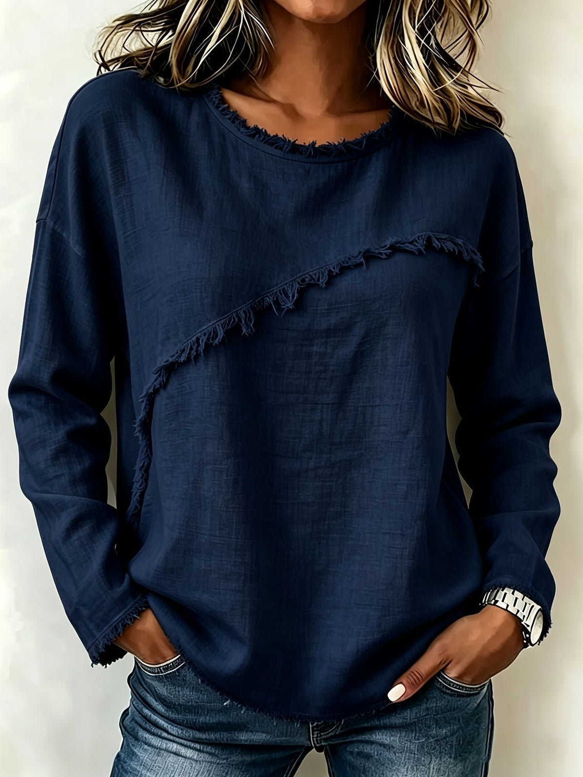 Round-neck Patchwork Lace Long-sleeve T-shirt Casual Top by Ricaloux