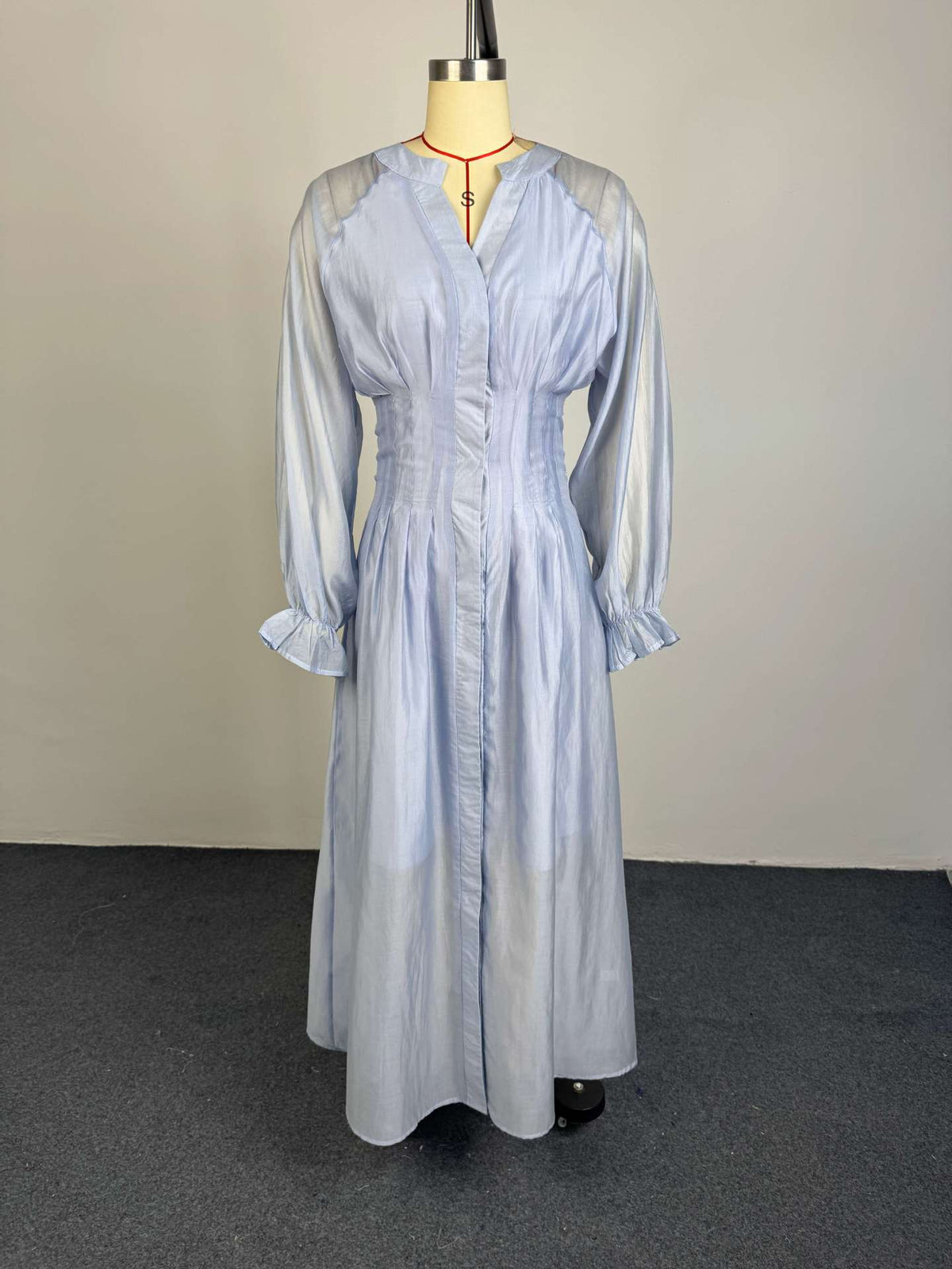 Puff Long Sleeve Gathered Waist Button Front Flowy Dress by Ricaloux