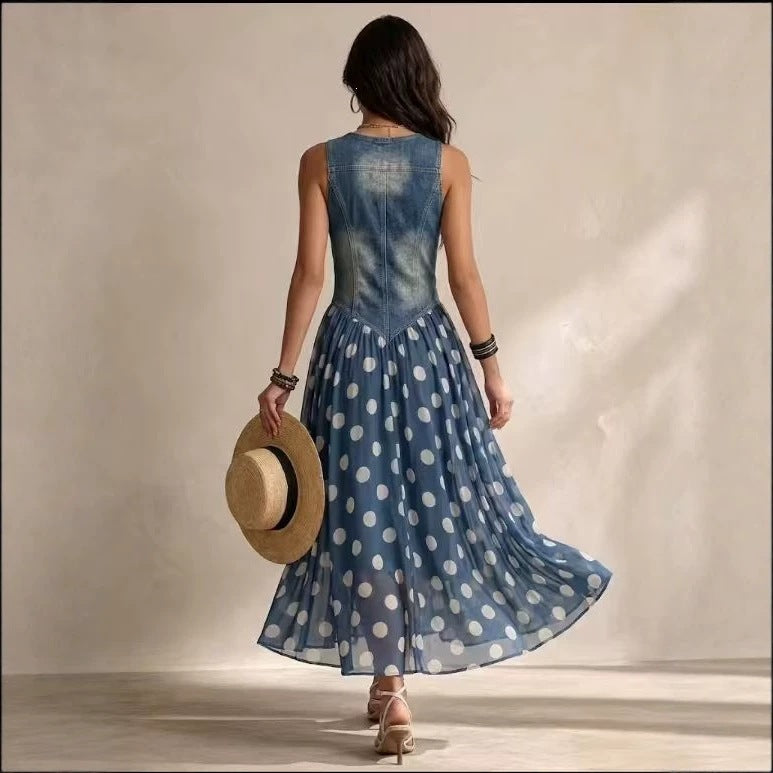 Casual Printed Denim-look Top With A Polka-dot Dress – Premium 0 | RICALOUX