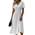 Womens Solid-Color Casual Short-Sleeve V-Neck Dress by Ricaloux