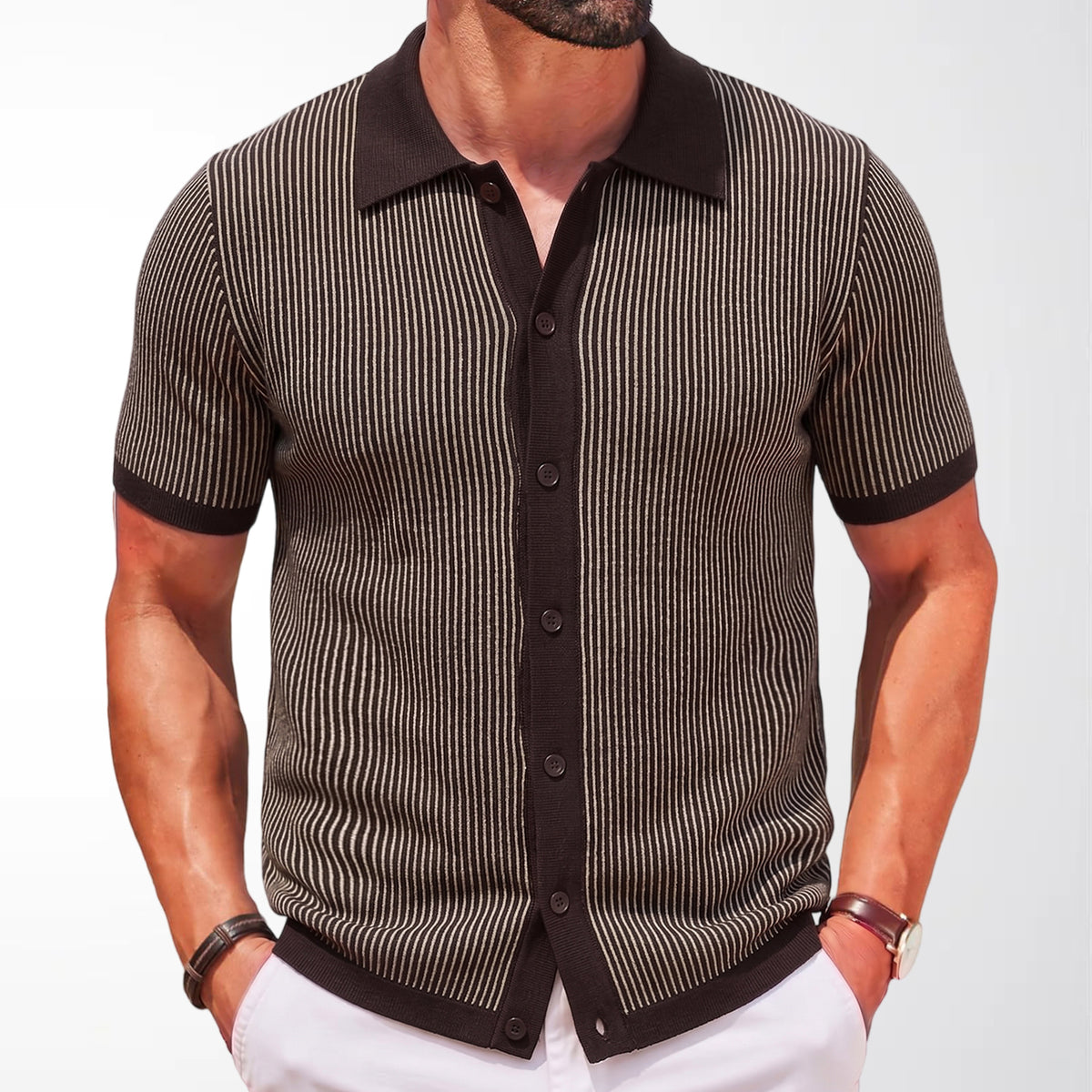 Mens Vertical-Striped Colorblock Lapel Knit Sweater – Premium 0 | RICALOUX