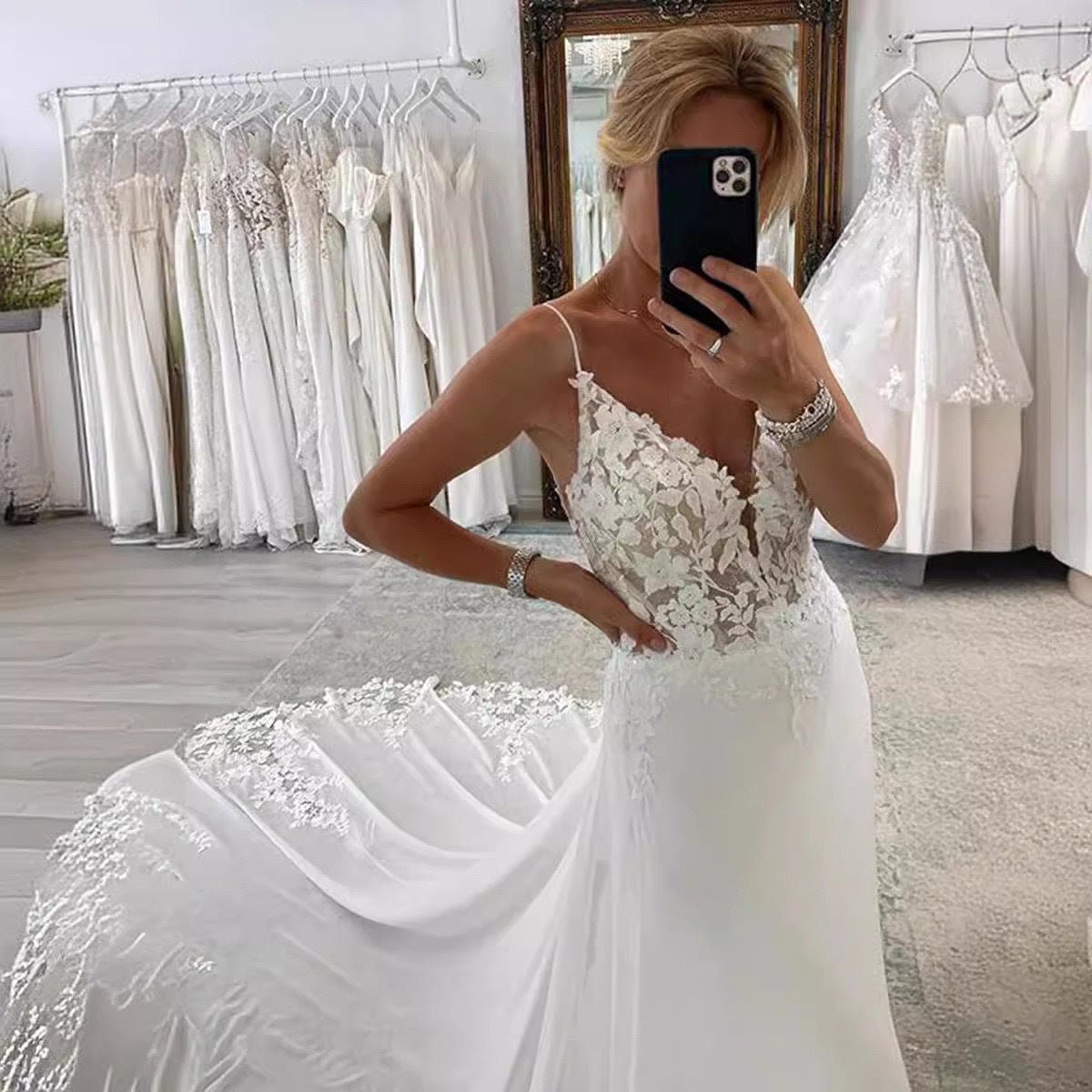 Strap Fishtail Wedding Dress Bridal Slim Satin Lace Dress - RICALOUX