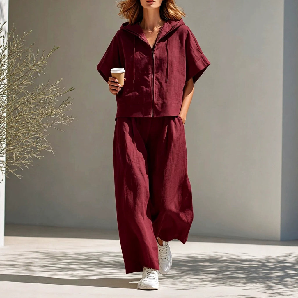 Hooded Zip-up Linen Top And Relaxed Wide-leg Pants Set by Ricaloux