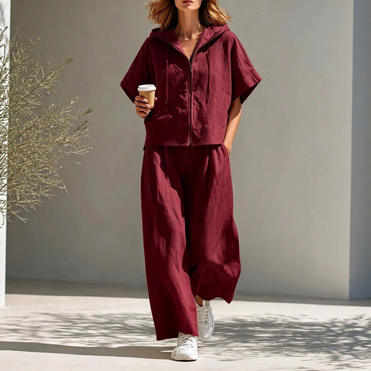 Hooded Zip-up Linen Top And Relaxed Wide-leg Pants Set by Ricaloux