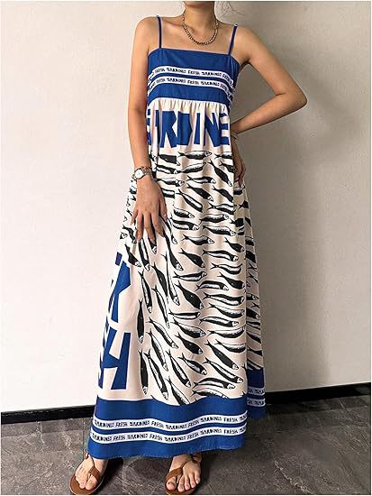 Small-fish Strap Printed New Long Dress One-piece Dress by Ricaloux