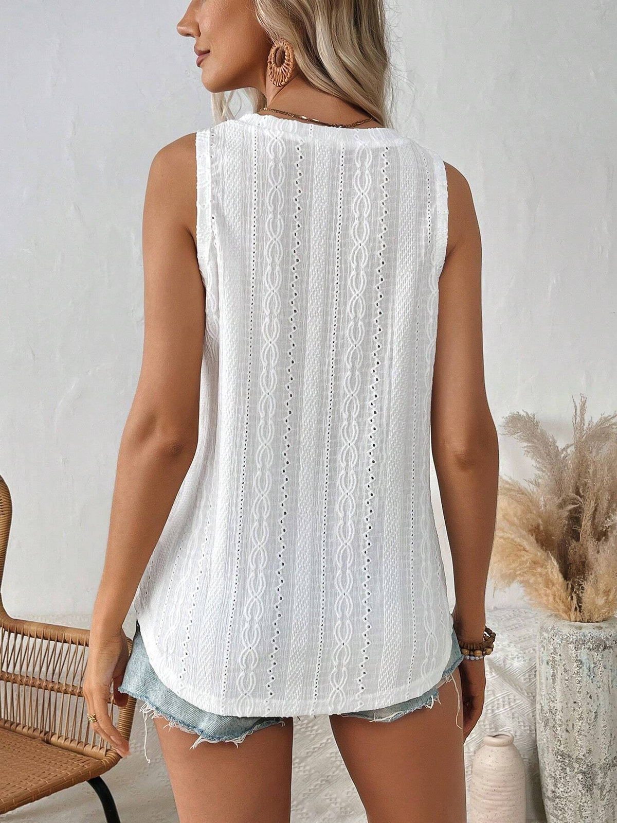 Summer V-Neck Sleeveless Lace Crochet Tank Top - Casual Solid Color Loose Flattering Cami Top – Premium 4 | RICALOUX