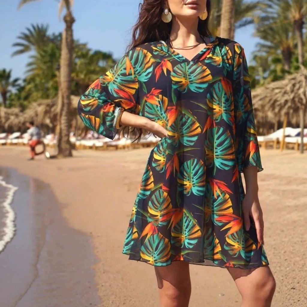 Printed Beach Three Quarter Sleeve One Piece Swimsuit Cover Up by Ricaloux