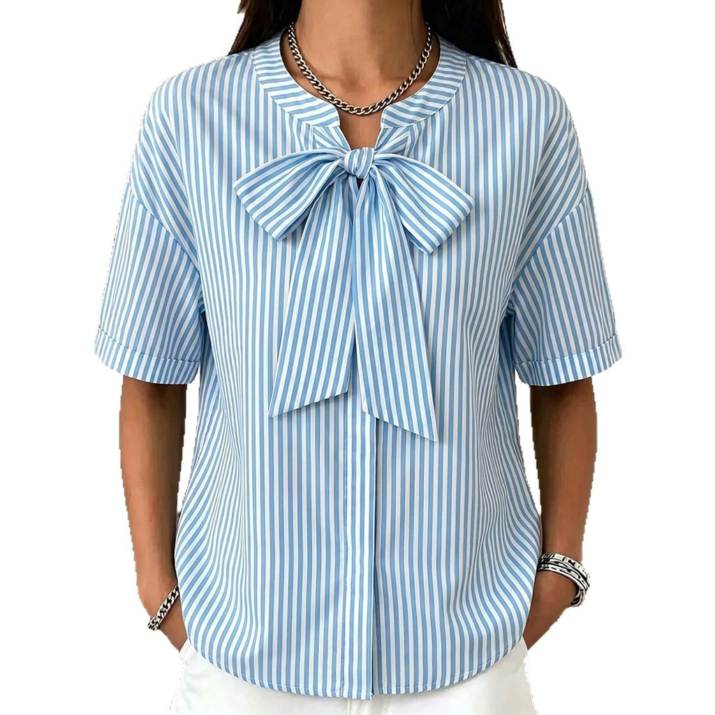 Simple Striped Casual Short-sleeve Shirt With A Bow Tie by Ricaloux