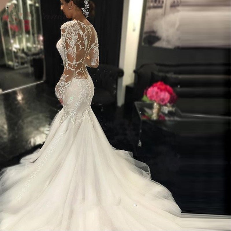 Trailing White Temperament Is Thin And Long Lace Wedding Dress - RICALOUX