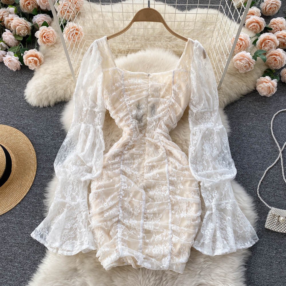 Women's Temperament Square Neck Lace Perspective Lantern Sleeve Waist Bag Hip Dress - RICALOUX